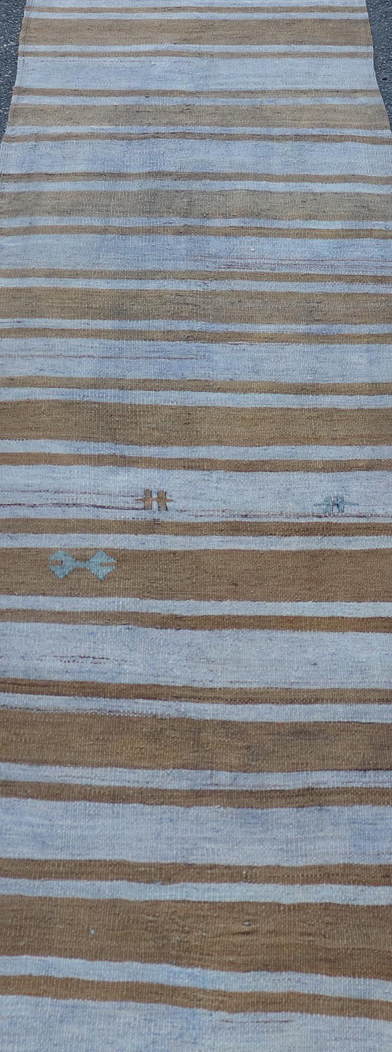 Vintage Turkish Kilim Runner In Earthy Brown and Blue Stripes 2'7 x 9'10 For Sale 2