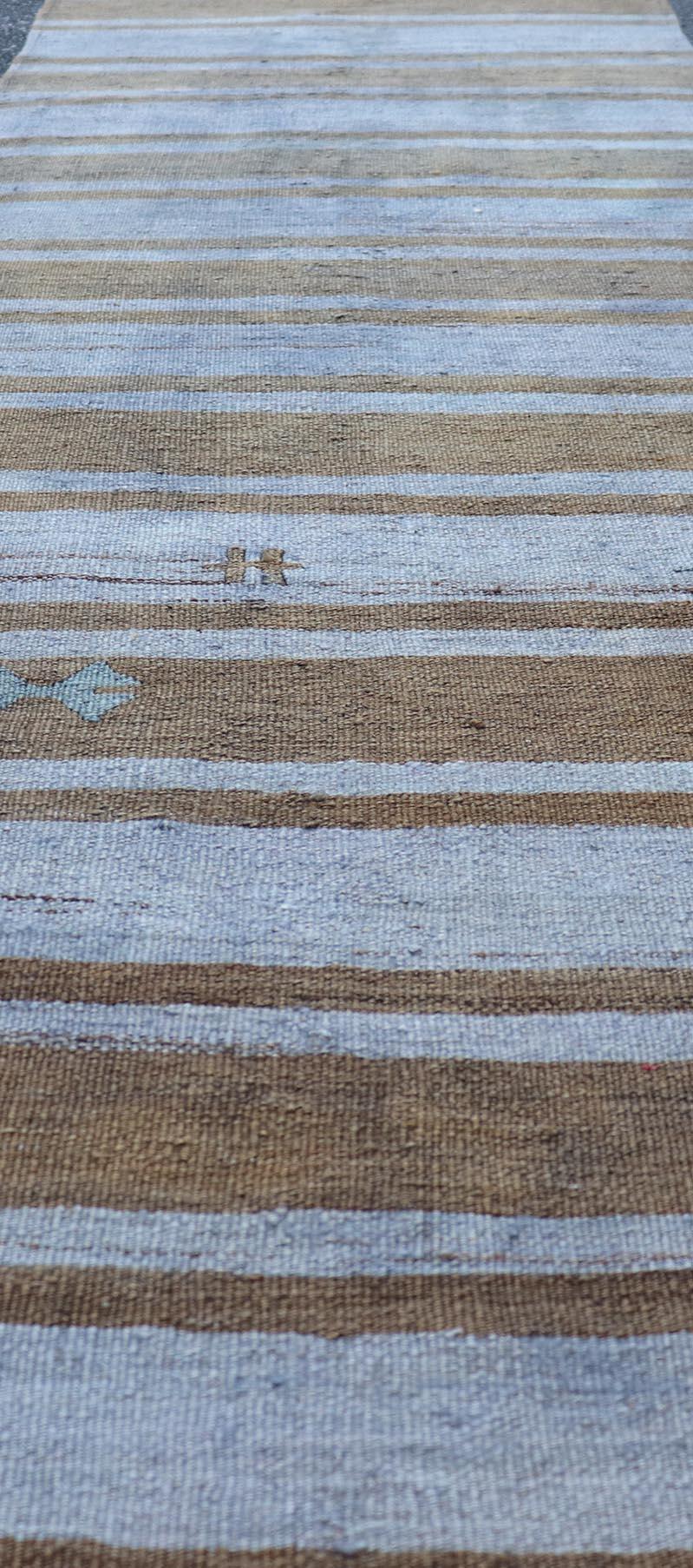 Vintage Turkish Kilim Runner In Earthy Brown and Blue Stripes 2'7 x 9'10 For Sale 3