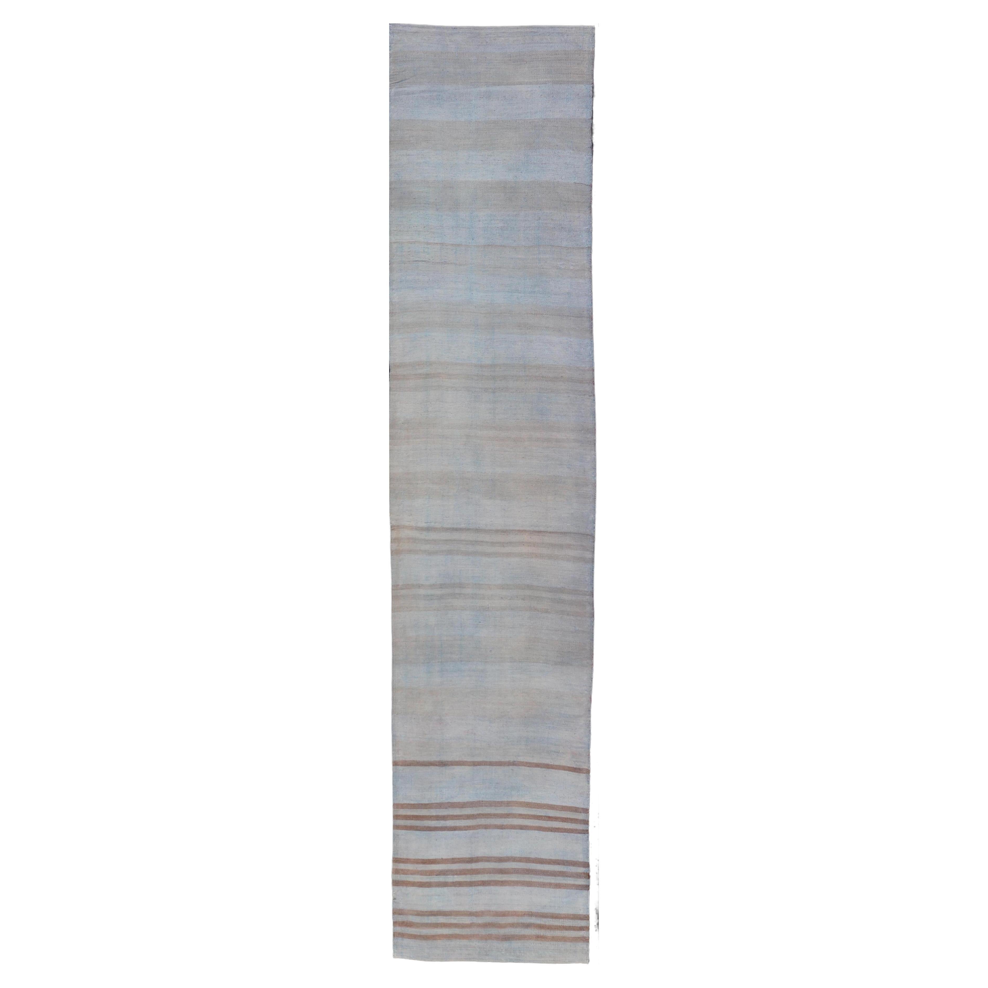 Vintage Turkish Kilim Runner In Soft Cream and Beige Stripes 2'6 x 12'2 For Sale
