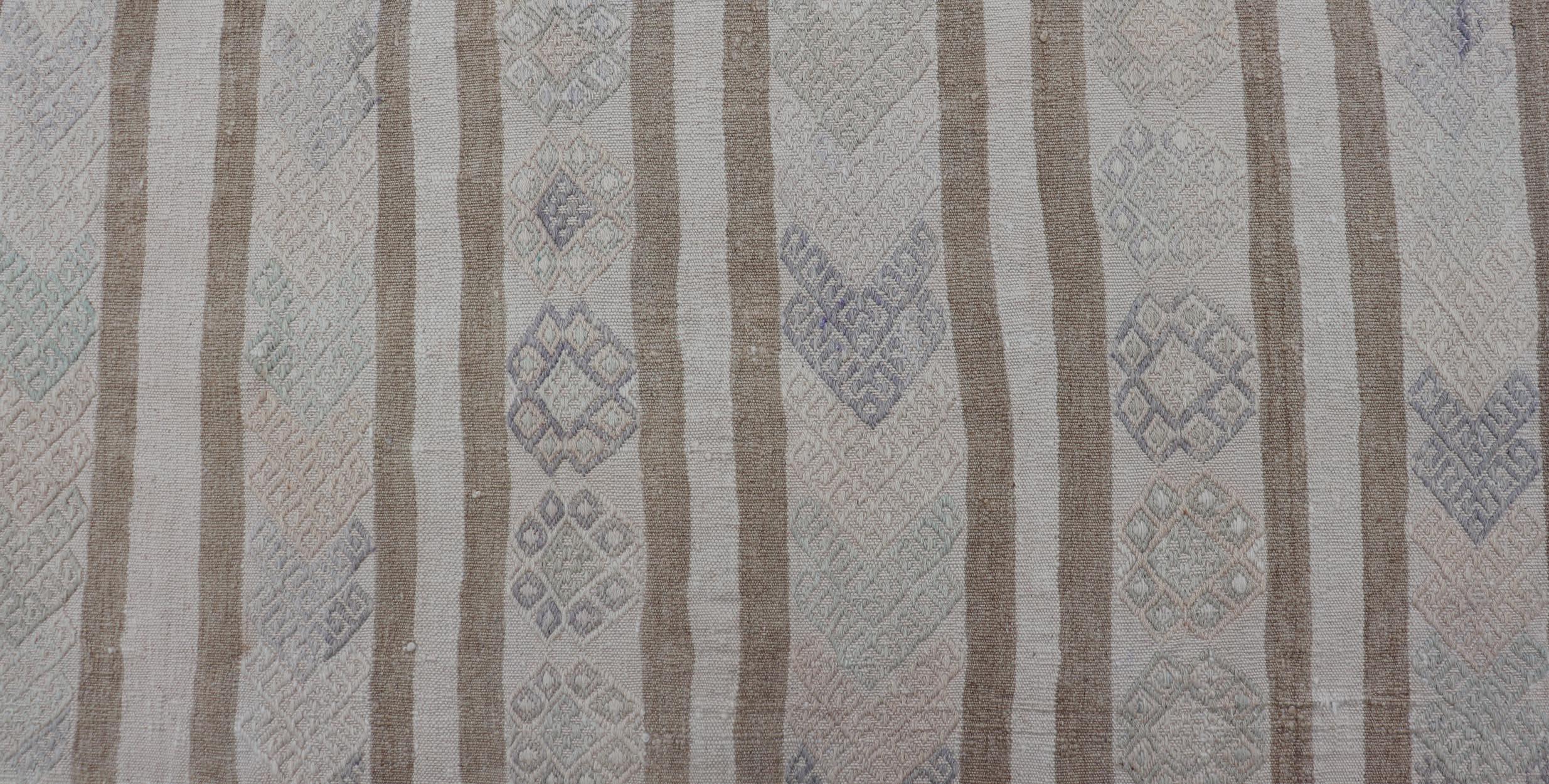 20ième siècle Vintage Turkish Kilim Runner in Soft Gray and Beige Striped Design 2'0 x 13'3 en vente