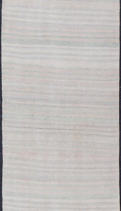 Vintage Turkish Kilim Runner in Soft Ivory, Pale Aqua, and Warm Stone Stripes