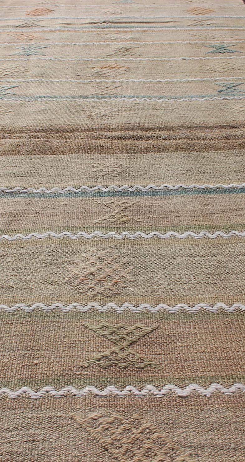 Hand-Woven Vintage Turkish Kilim Runner in Stripe and Modern Design with Geometric Motif  For Sale