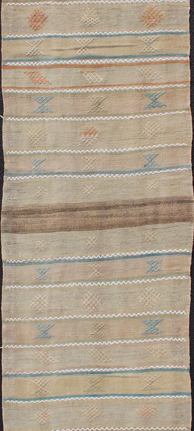 20th Century Vintage Turkish Kilim Runner in Stripe and Modern Design with Geometric Motif  For Sale