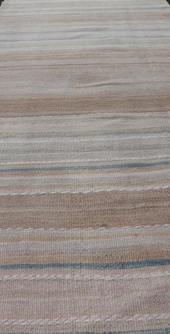 Vintage Turkish Kilim Runner Neutral Striped Beige Brown Wool Flatweave