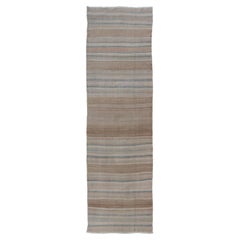 Vintage Turkish Kilim Runner Neutral Striped Beige Brown Wool Flatweave