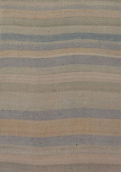 Vintage Turkish Kilim Runner Pastel Stripes Ivory Blue Beige Wool Rug