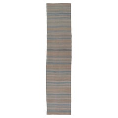 Vintage Turkish Kilim Runner Pastel Stripes Ivory Blue Beige Wool Rug