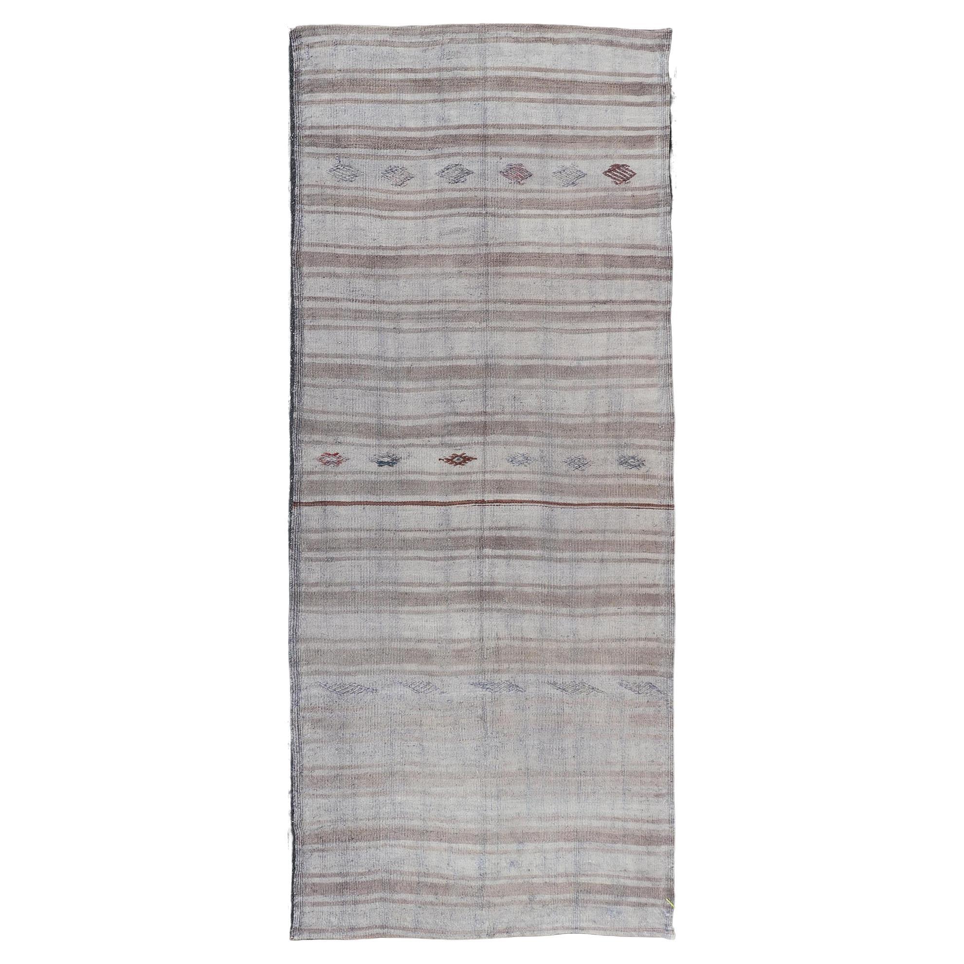 Vintage Turkish Kilim Runner Soft Neutrals and Stripe Patterns 3'0 x 7'9