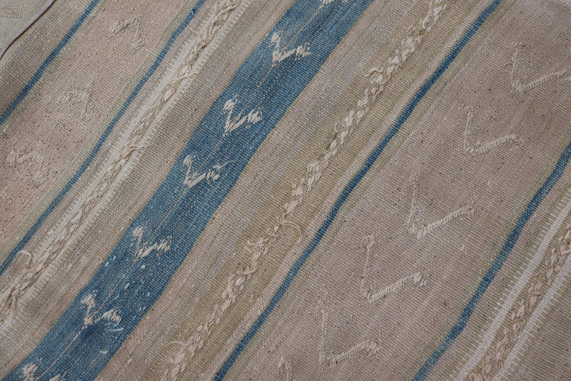 Vintage Turkish Kilim Runner Soft Pastel Stripes and Blue Accents 4'1