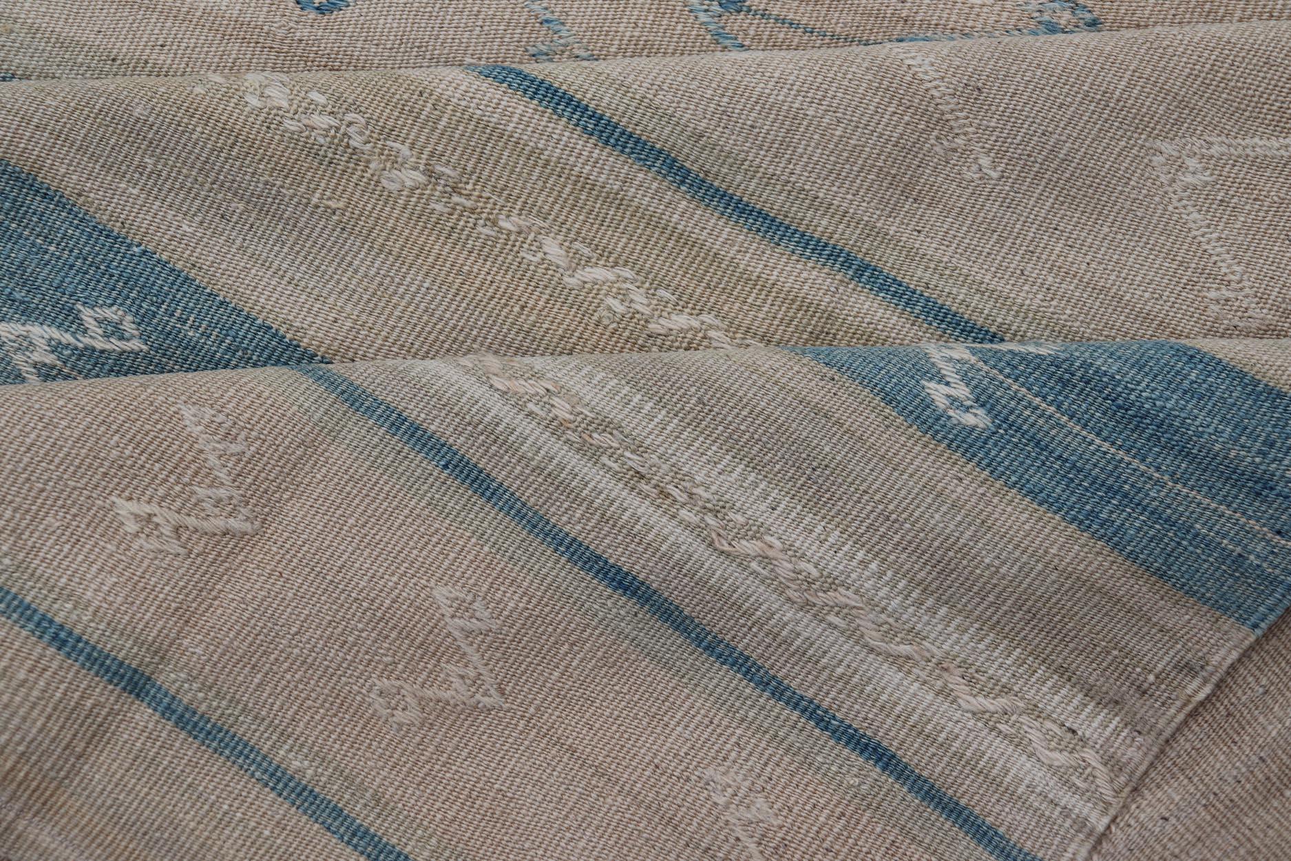 Vintage Turkish Kilim Runner Soft Pastel Stripes and Blue Accents 4'1