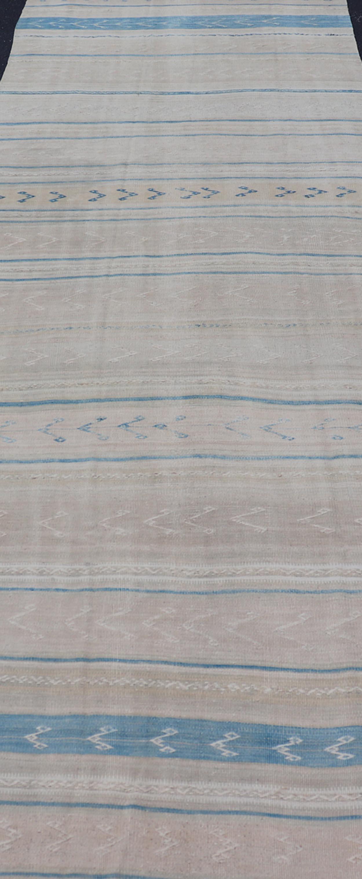 Measures: 4'1 x 13'3 
Vintage Turkish Kilim Runner Soft Pastel Stripes and Blue Accents 4'1