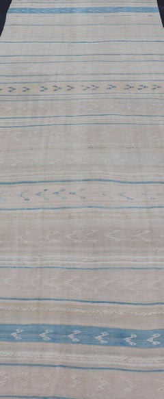 Vintage Turkish Kilim Runner Soft Pastel Stripes and Blue Accents 4'1" X13'3"