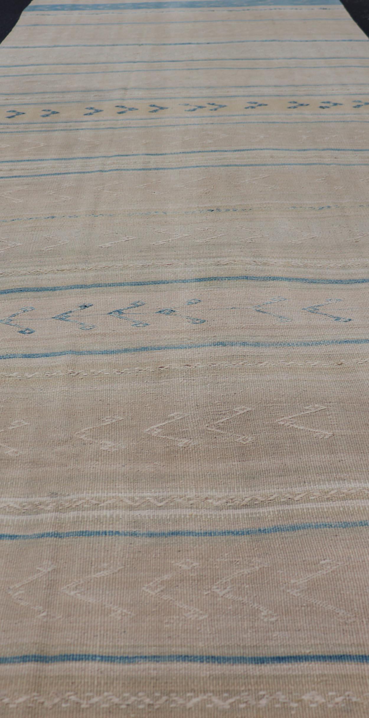 Hand-Woven Vintage Turkish Kilim Runner Soft Pastel Stripes and Blue Accents 4'1