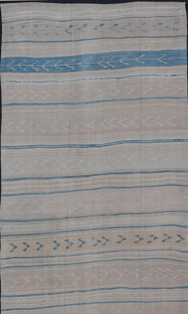 Vintage Turkish Kilim Runner Soft Pastel Stripes and Blue Accents 4'1