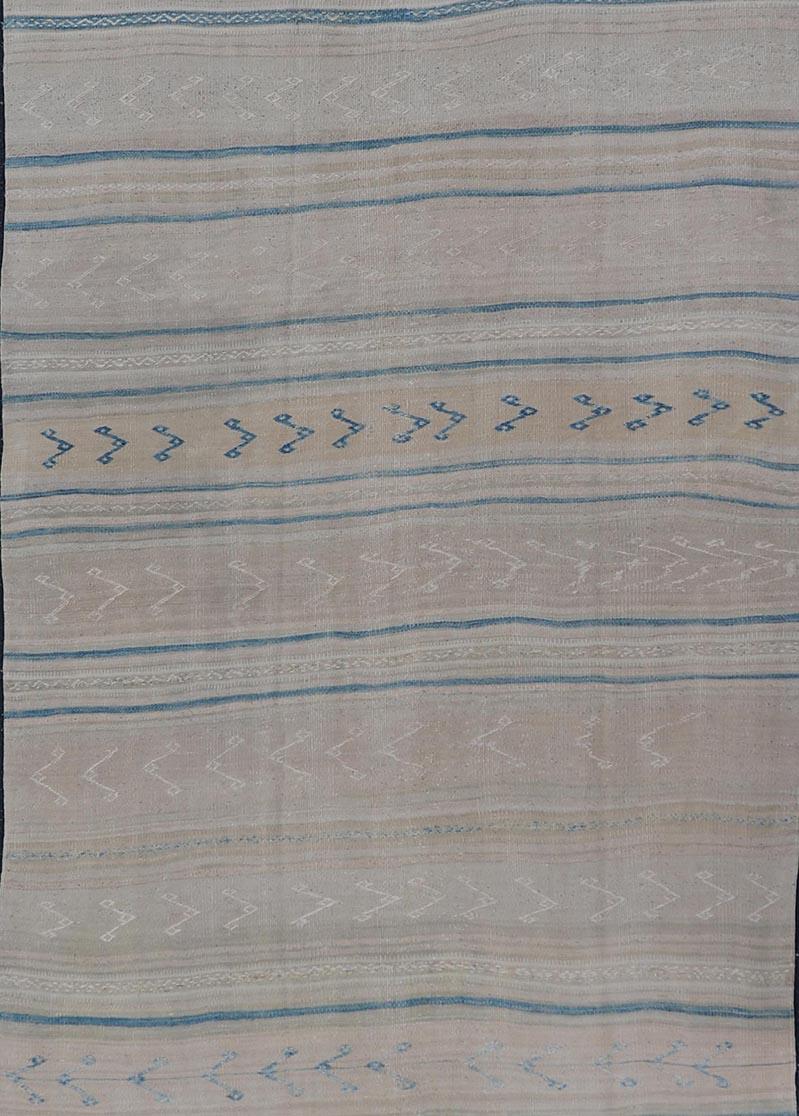 Vintage Turkish Kilim Runner Soft Pastel Stripes and Blue Accents 4'1