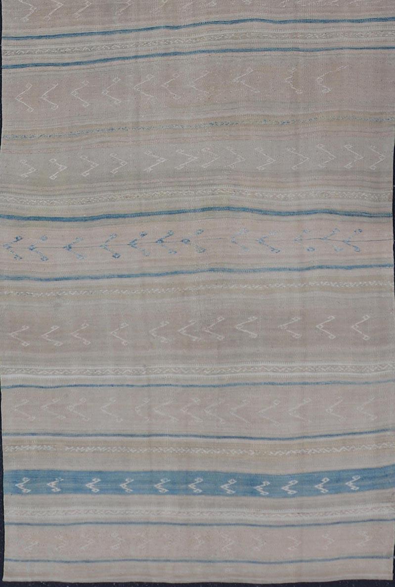 Vintage Turkish Kilim Runner Soft Pastel Stripes and Blue Accents 4'1