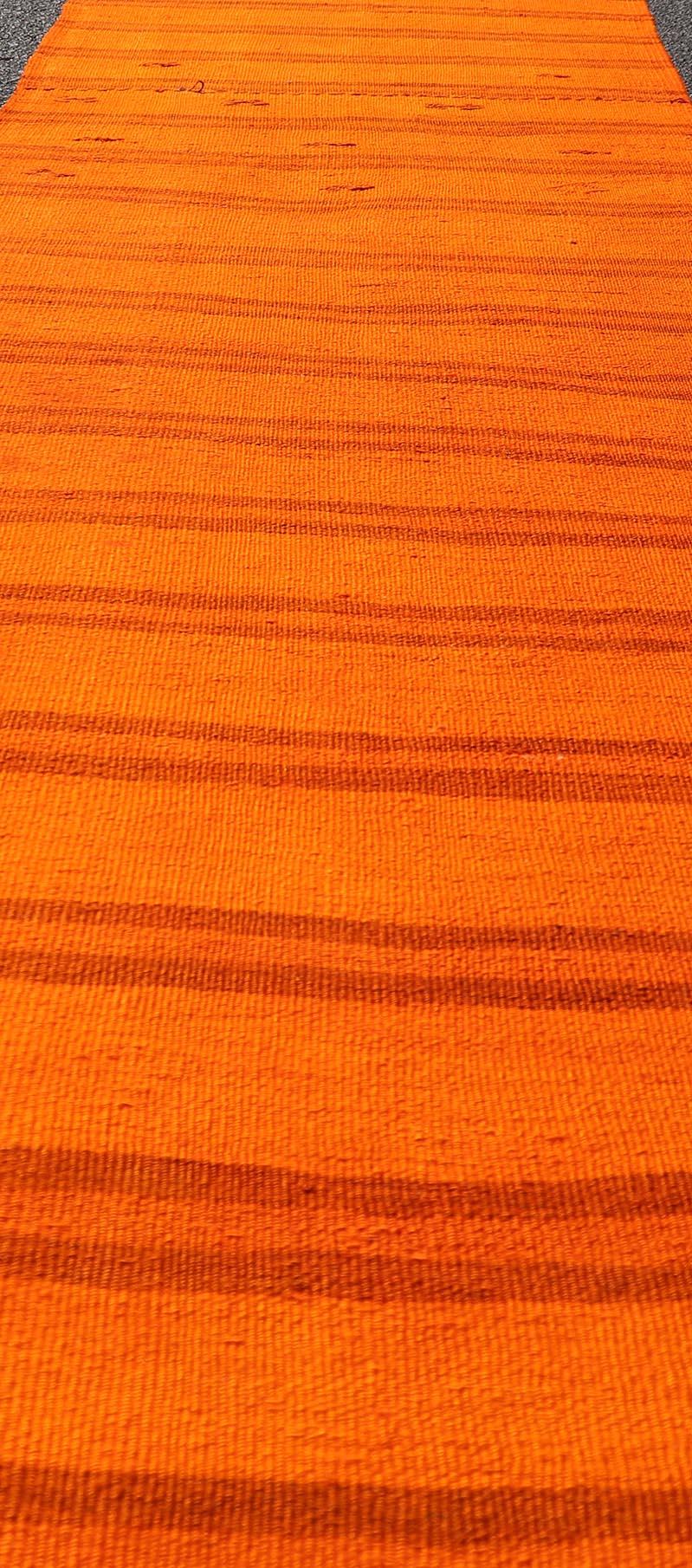 Hand-Woven Vintage Turkish Kilim Runner -Vibrant Orange Stripes and Rustic Charm 2'9 x 12'0 For Sale