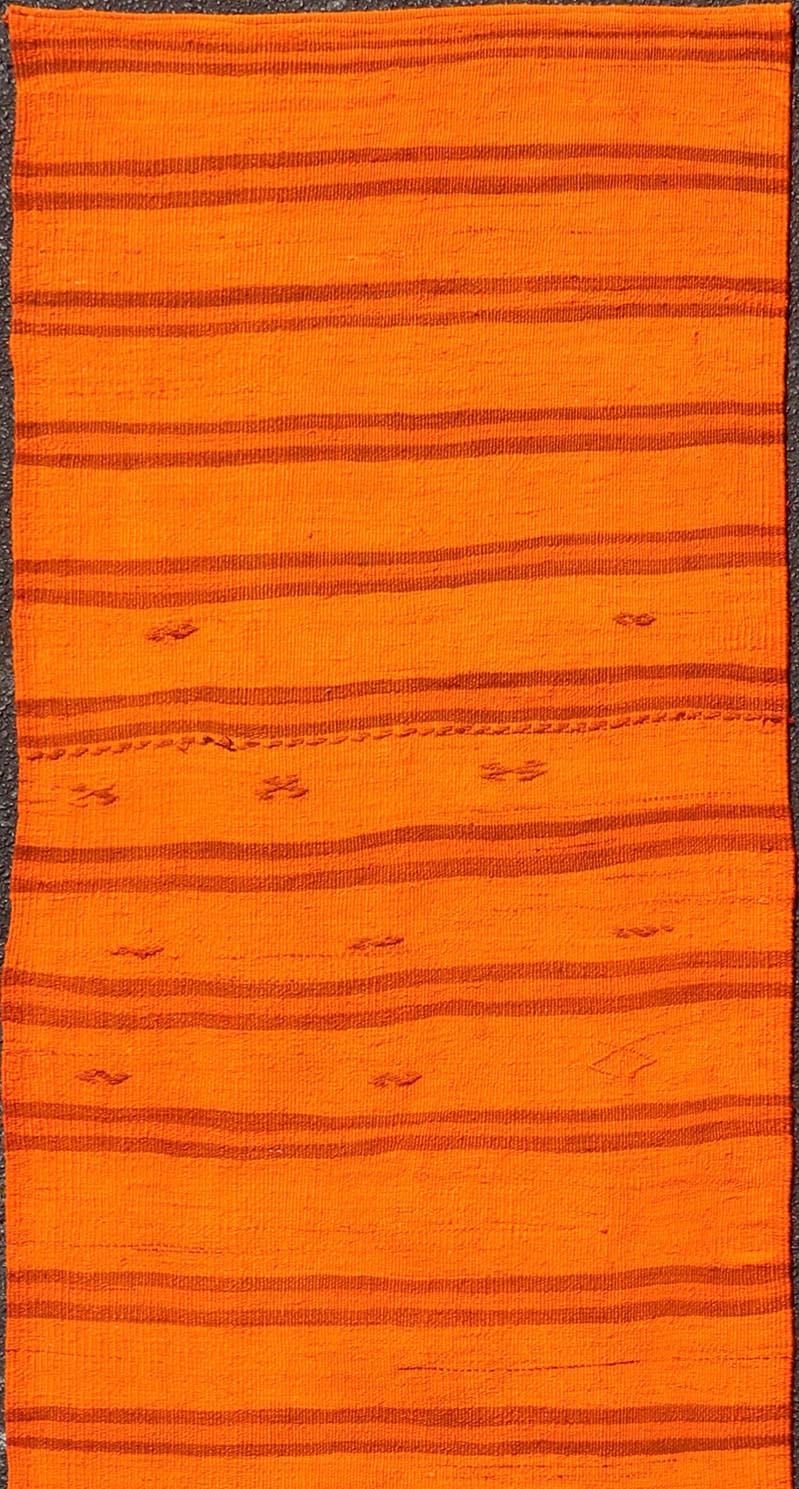 Vintage Turkish Kilim Runner -Vibrant Orange Stripes and Rustic Charm 2'9 x 12'0 For Sale 1