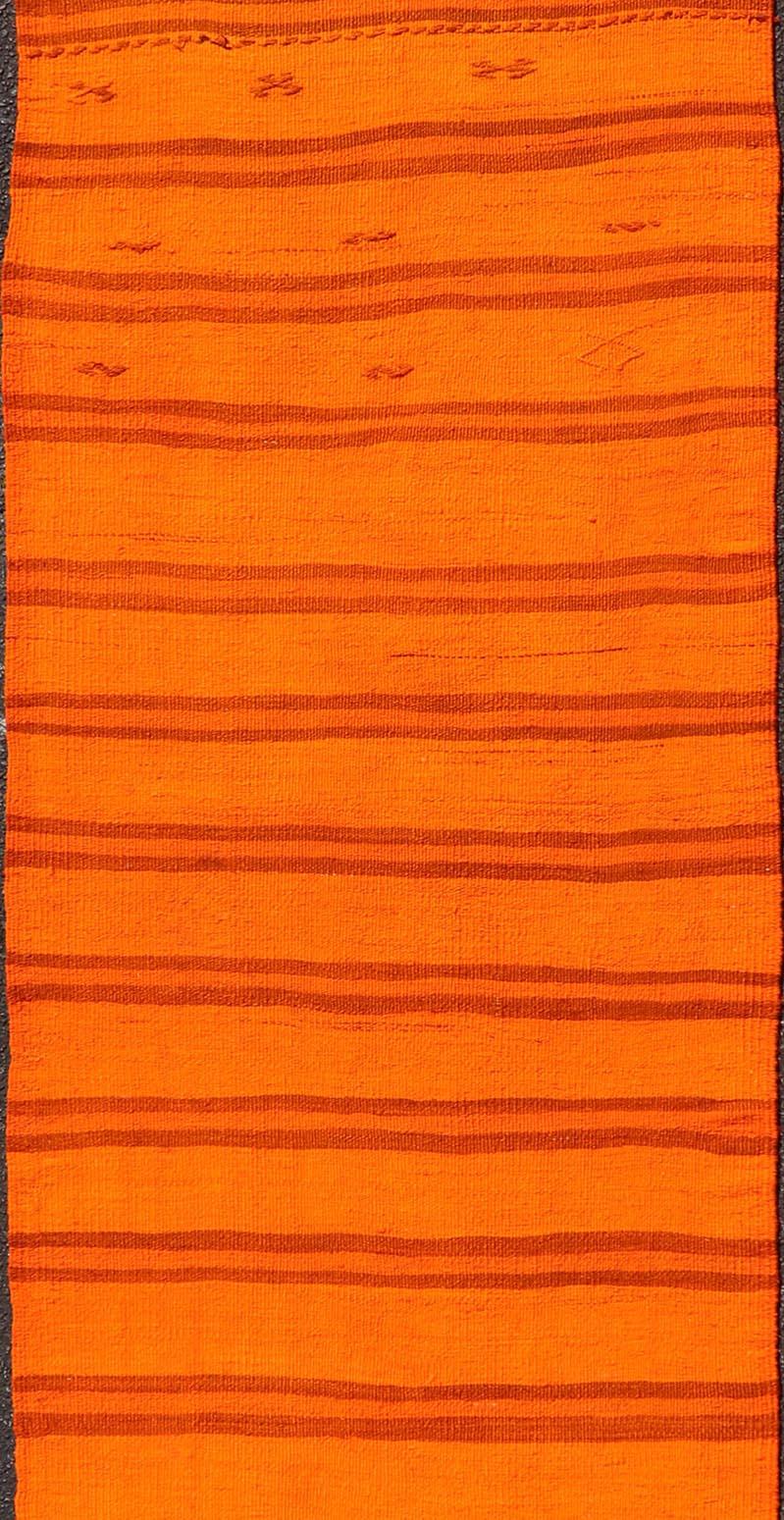 Vintage Turkish Kilim Runner -Vibrant Orange Stripes and Rustic Charm 2'9 x 12'0 For Sale 2