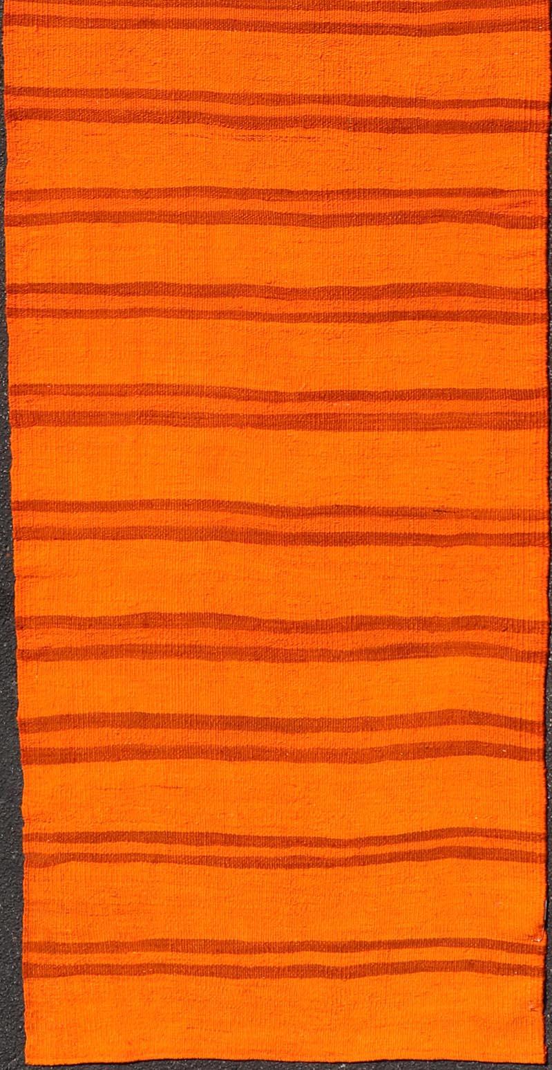 Vintage Turkish Kilim Runner -Vibrant Orange Stripes and Rustic Charm 2'9 x 12'0 For Sale 3