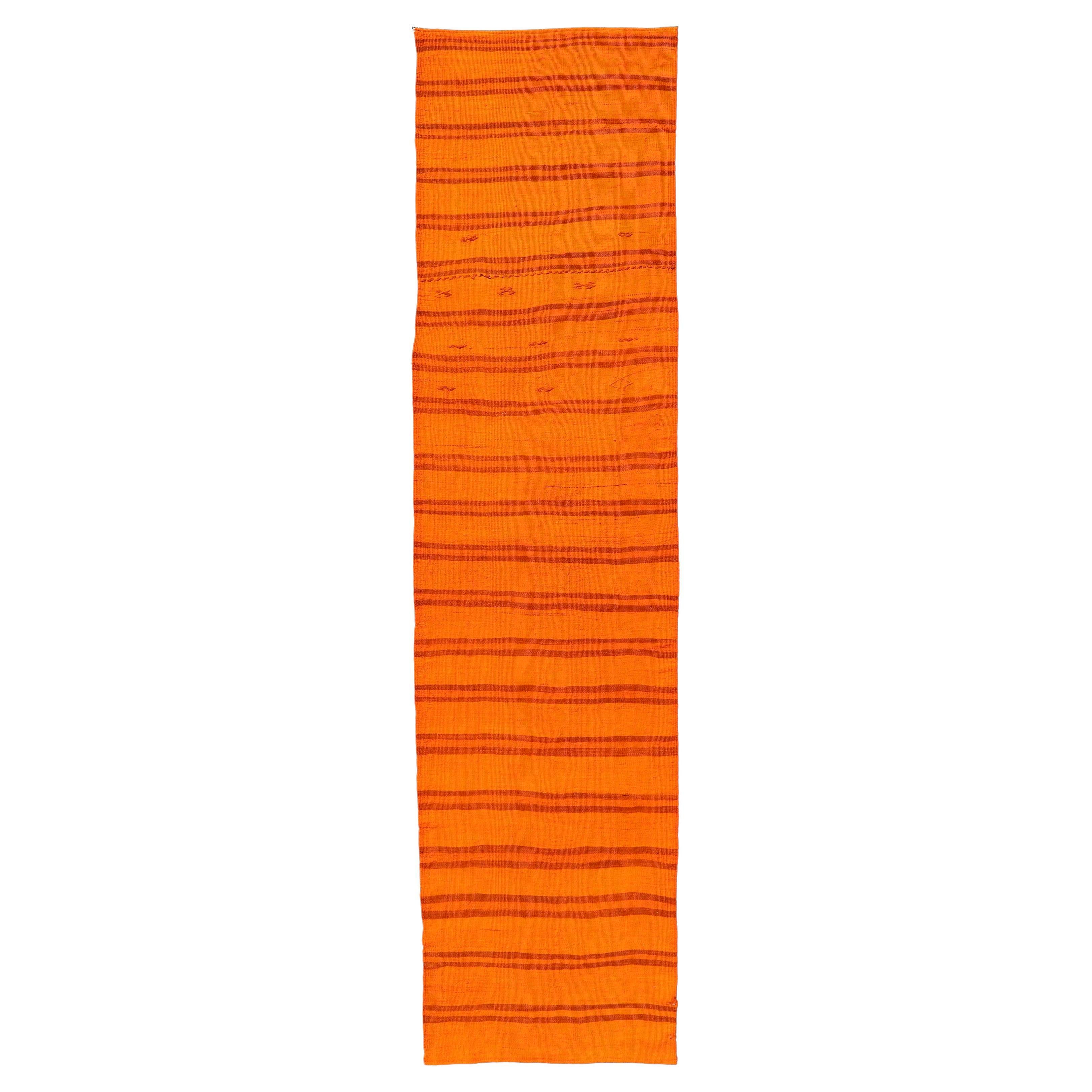 Vintage Turkish Kilim Runner -Vibrant Orange Stripes and Rustic Charm 2'9 x 12'0