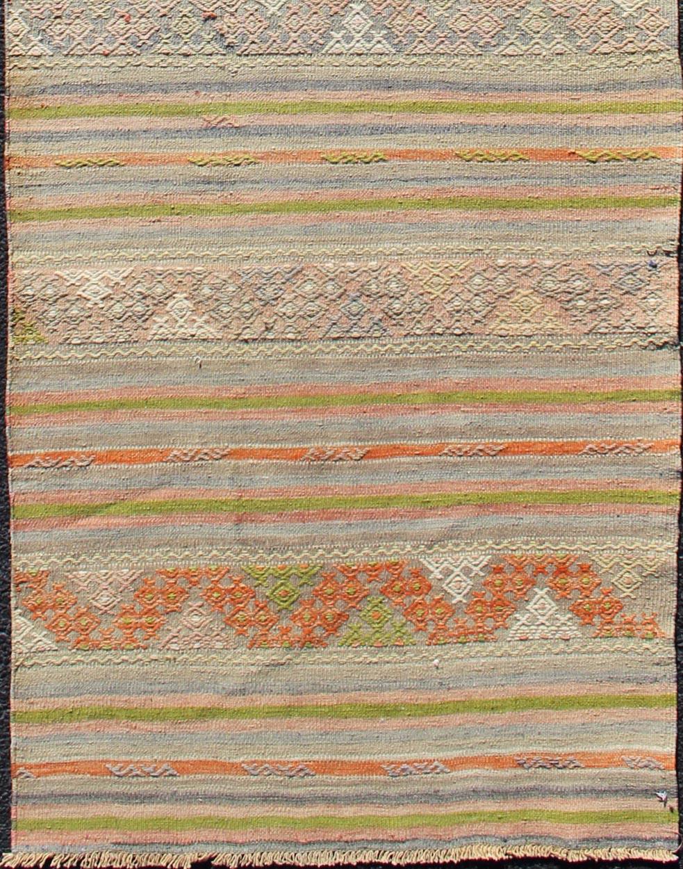 Hand-Woven Vintage Turkish Kilim Runner with a Stripe and Modern Design For Sale