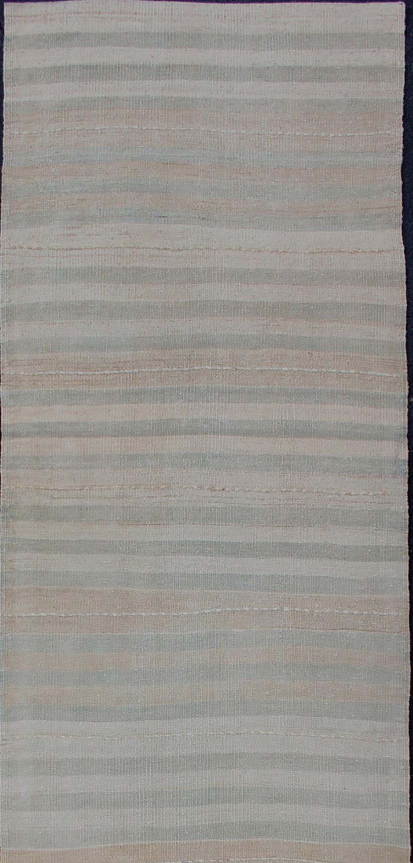 Hand-Woven Vintage Turkish Kilim Runner with a Stripe and Modern Design in Neutral Tones For Sale