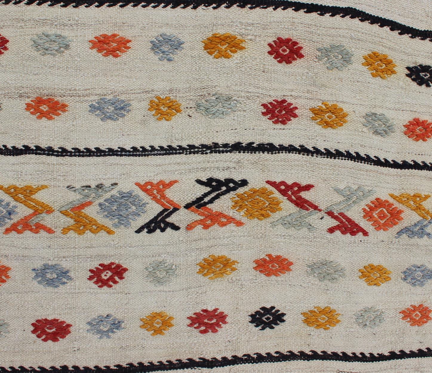 Wool Vintage Turkish Kilim Runner with a Stripe and Modern Design on One End For Sale