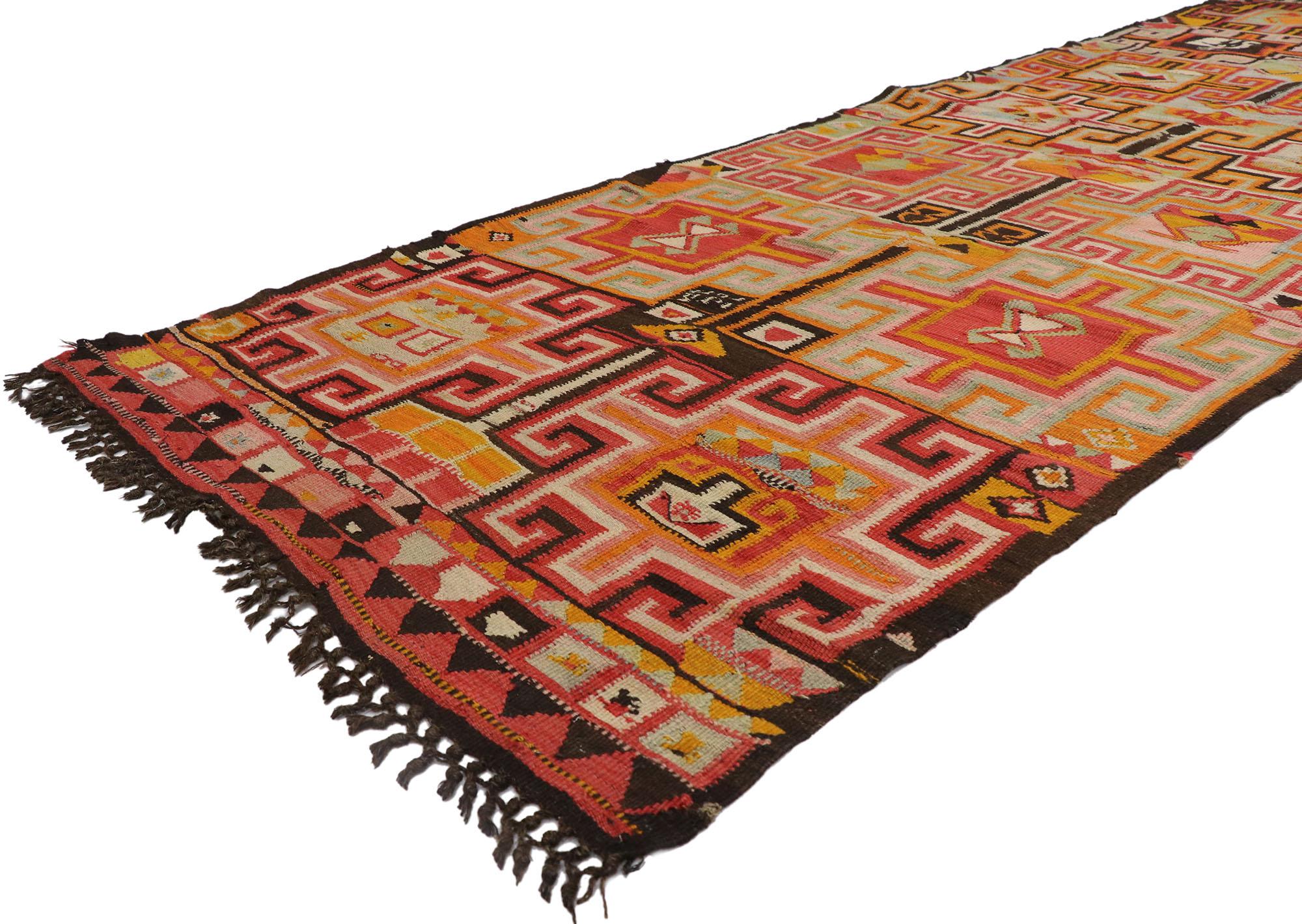 78030 Vintage Turkish Kilim runner with boho chic Southwestern Tribal Style 04'00 x 11'10. Full of tiny details and a bold expressive design combined with vibrant colors and tribal style, this hand-woven wool vintage Turkish kilim runner is a