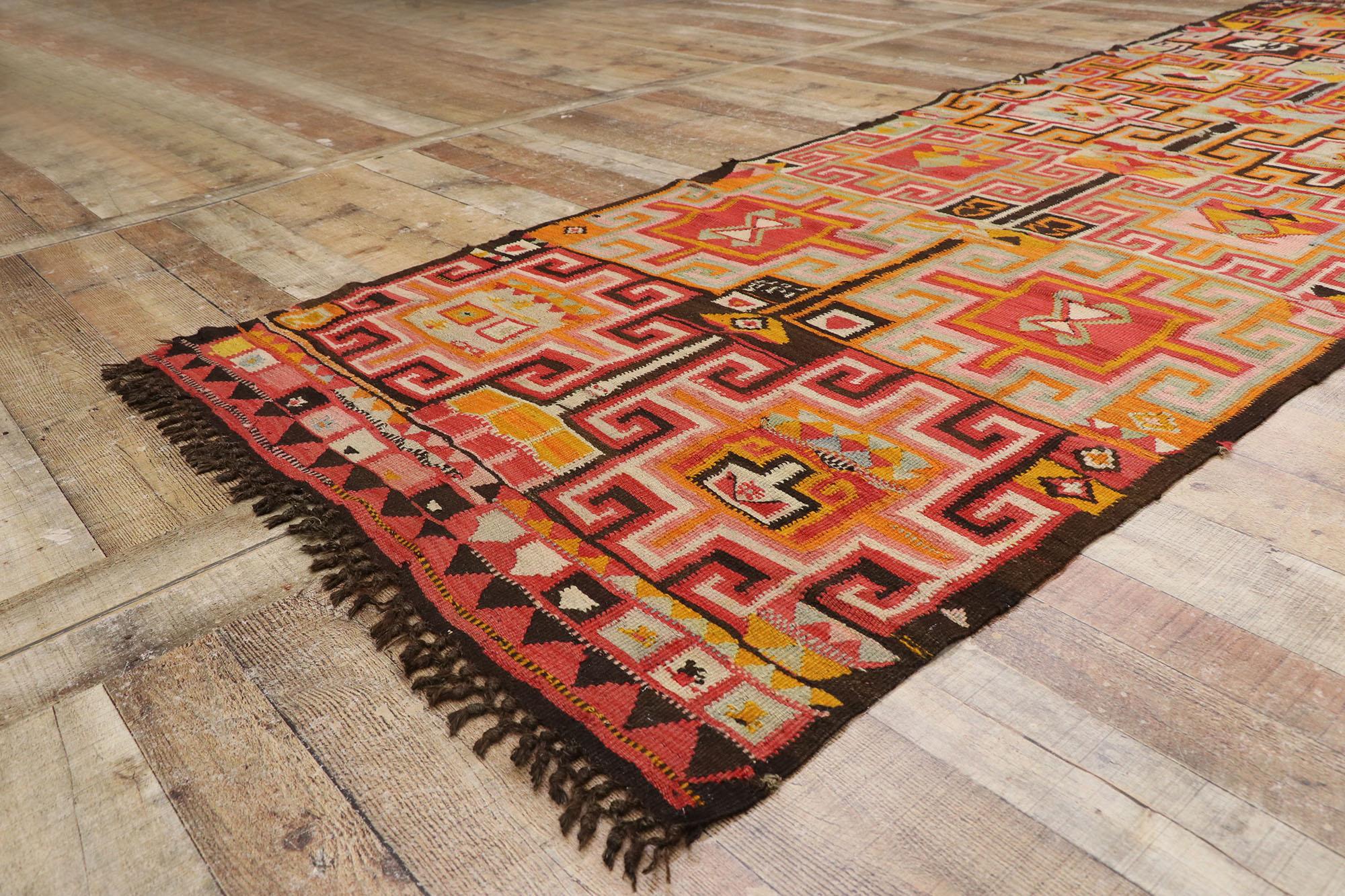 Wool Vintage Turkish Kilim Runner with Boho Chic Southwestern Tribal Style