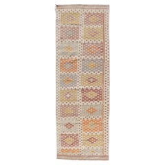 Vintage Turkish Kilim Runner with Checker Medallions in Soft Pastel Tones