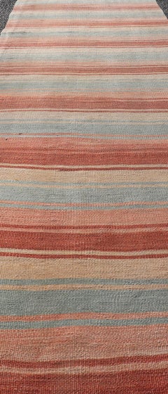 Vintage Turkish Kilim Runner with Coral, Tan, and Sky Blue Stripes