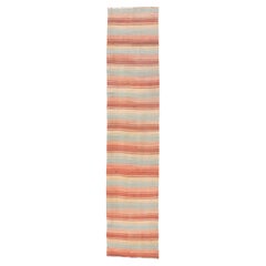 Vintage Turkish Kilim Runner with Coral, Tan, and Sky Blue Stripes