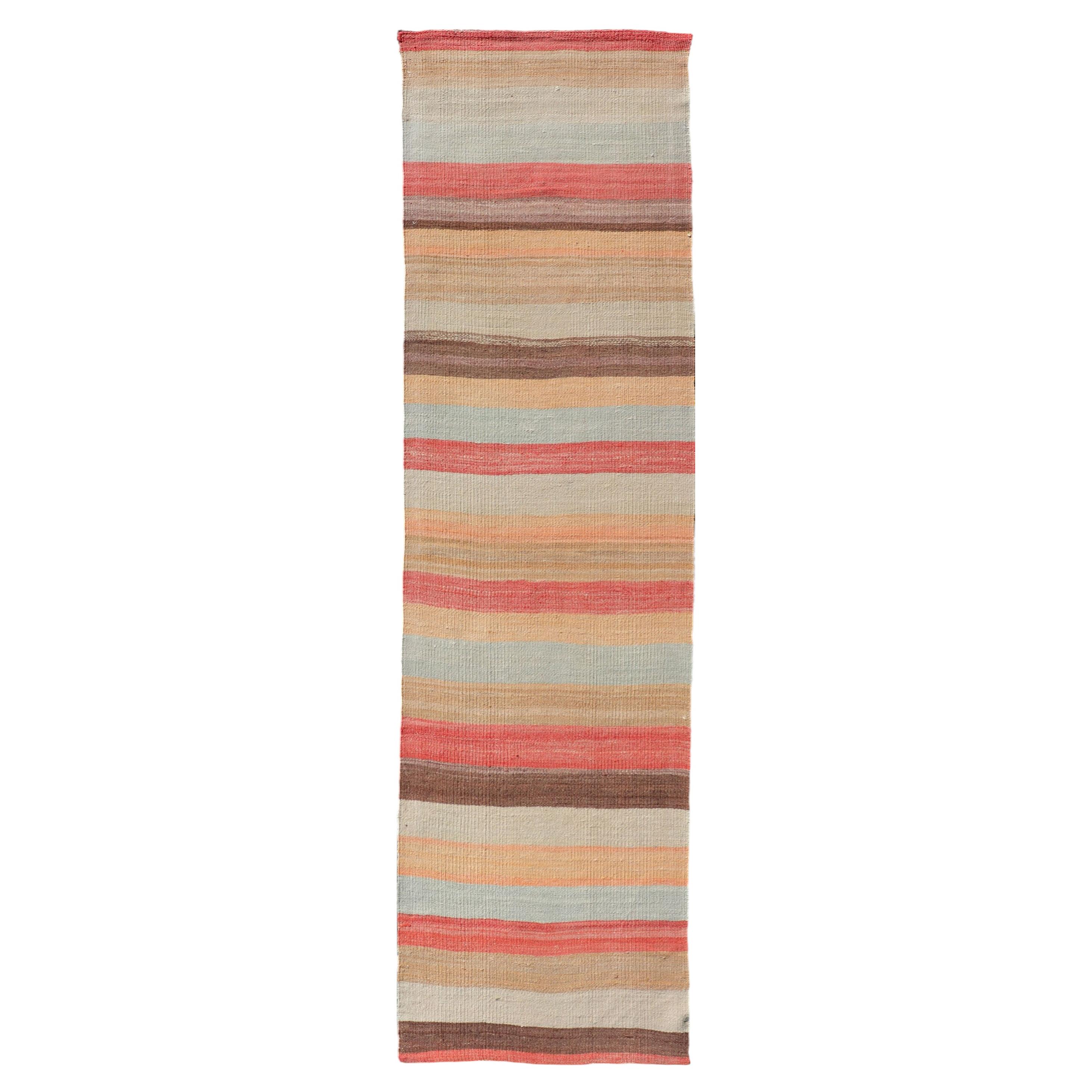 Vintage Turkish Kilim Runner with Coral, Tan and Soft Blue Stripes