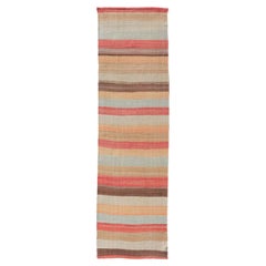 Vintage Turkish Kilim Runner with Coral, Tan and Soft Blue Stripes