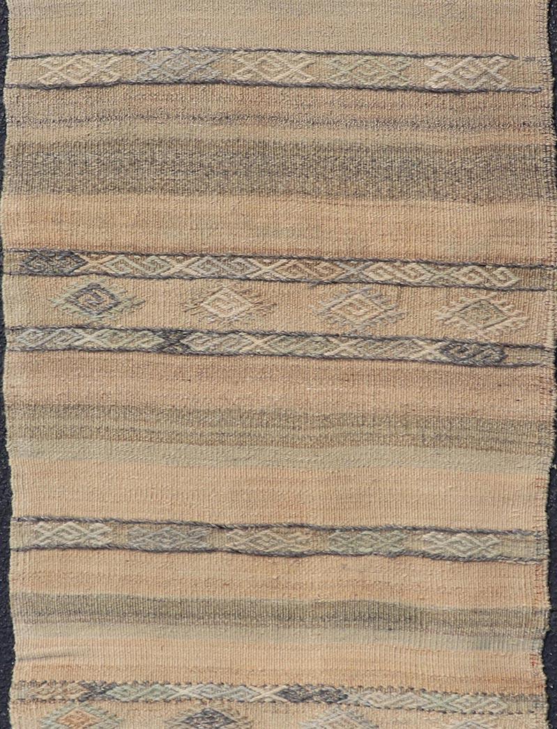 Hand-Woven Vintage Turkish Kilim Runner With Earthy Tones and Geometric Designs 2'6 x 6'8 For Sale