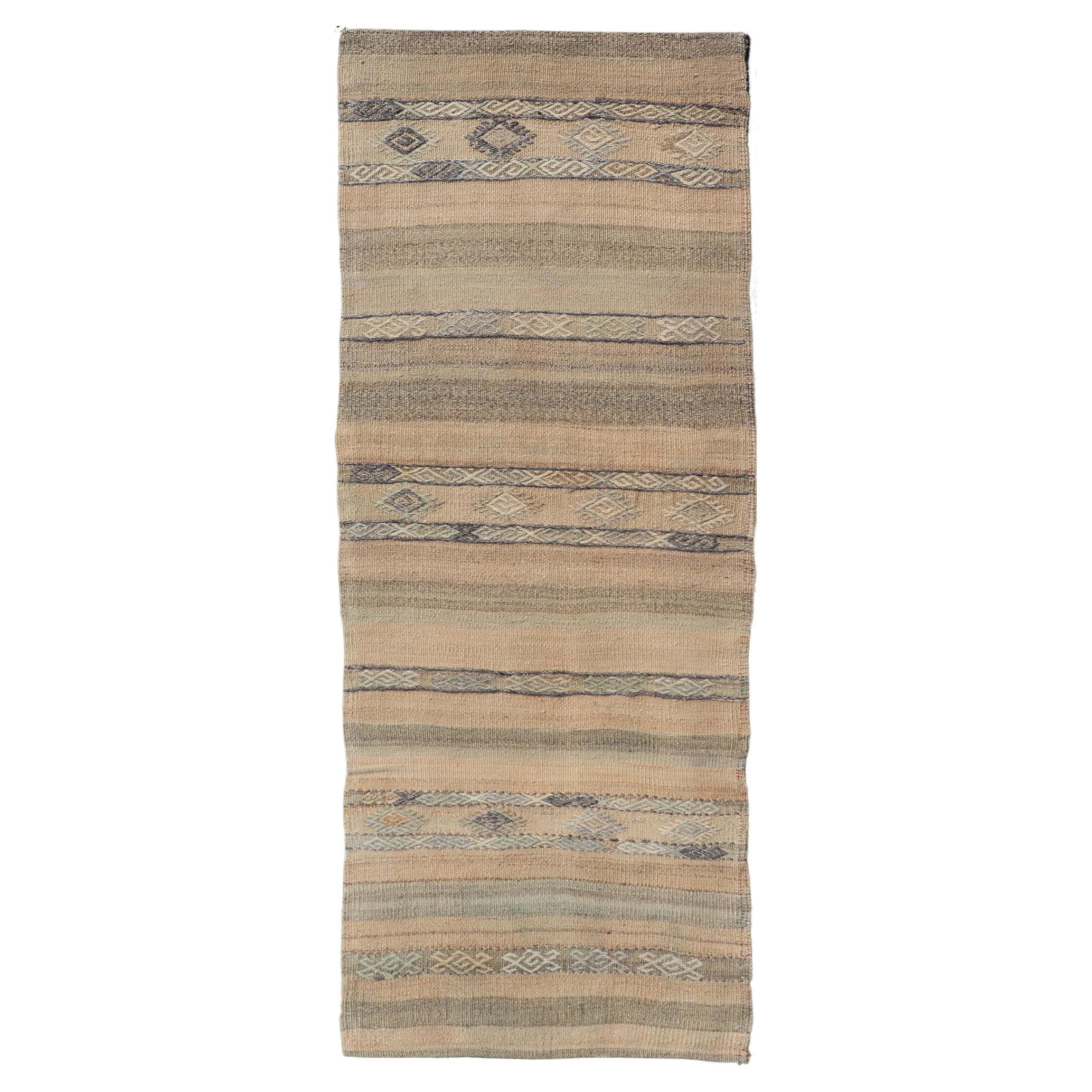 Vintage Turkish Kilim Runner With Earthy Tones and Geometric Designs 2'6 x 6'8 For Sale
