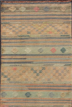 Vintage Turkish Kilim Runner with Geometric Design and Colorful Stripes
