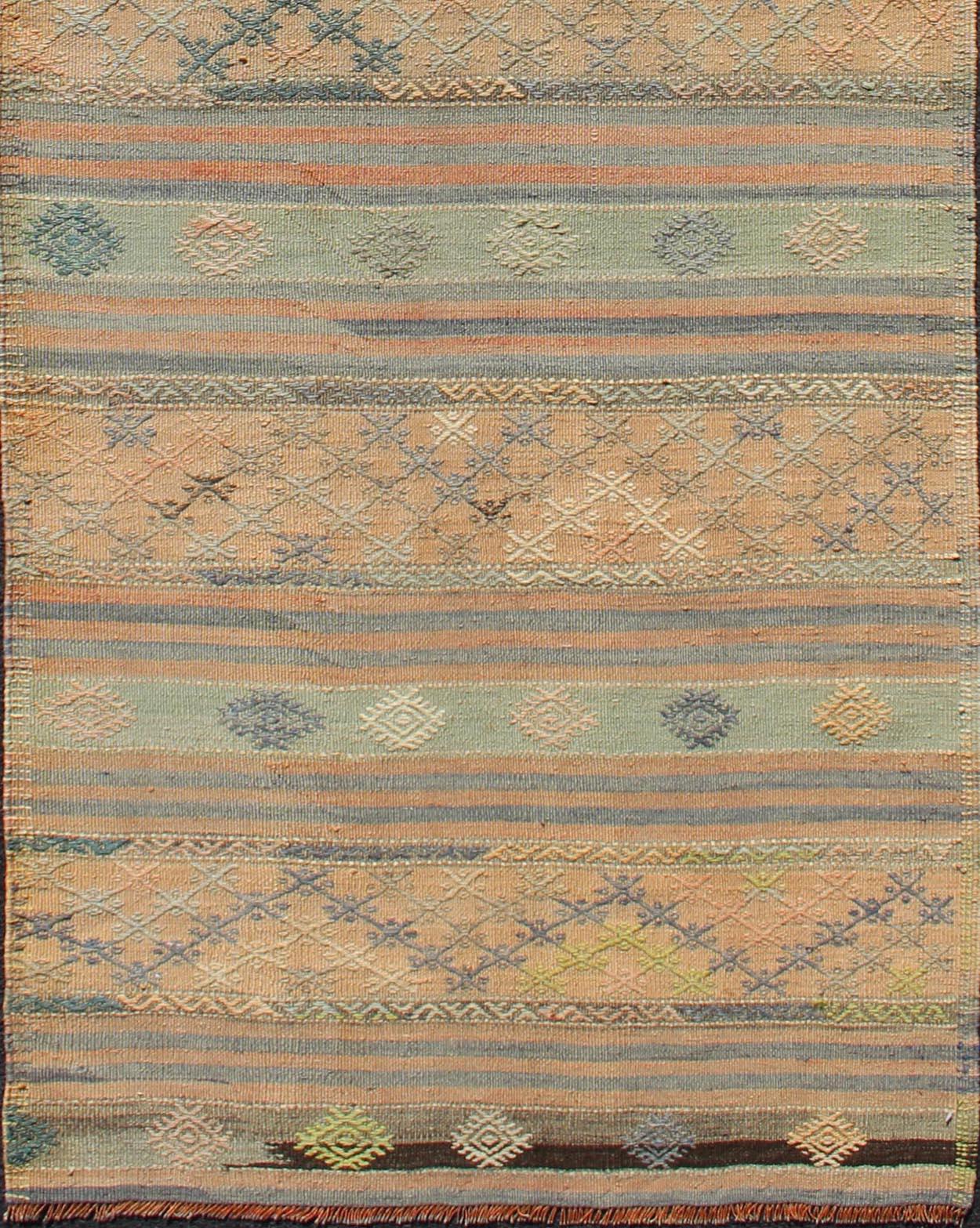 Hand-Woven Vintage Turkish Kilim Runner with Geometric Design and Colorful Stripes For Sale
