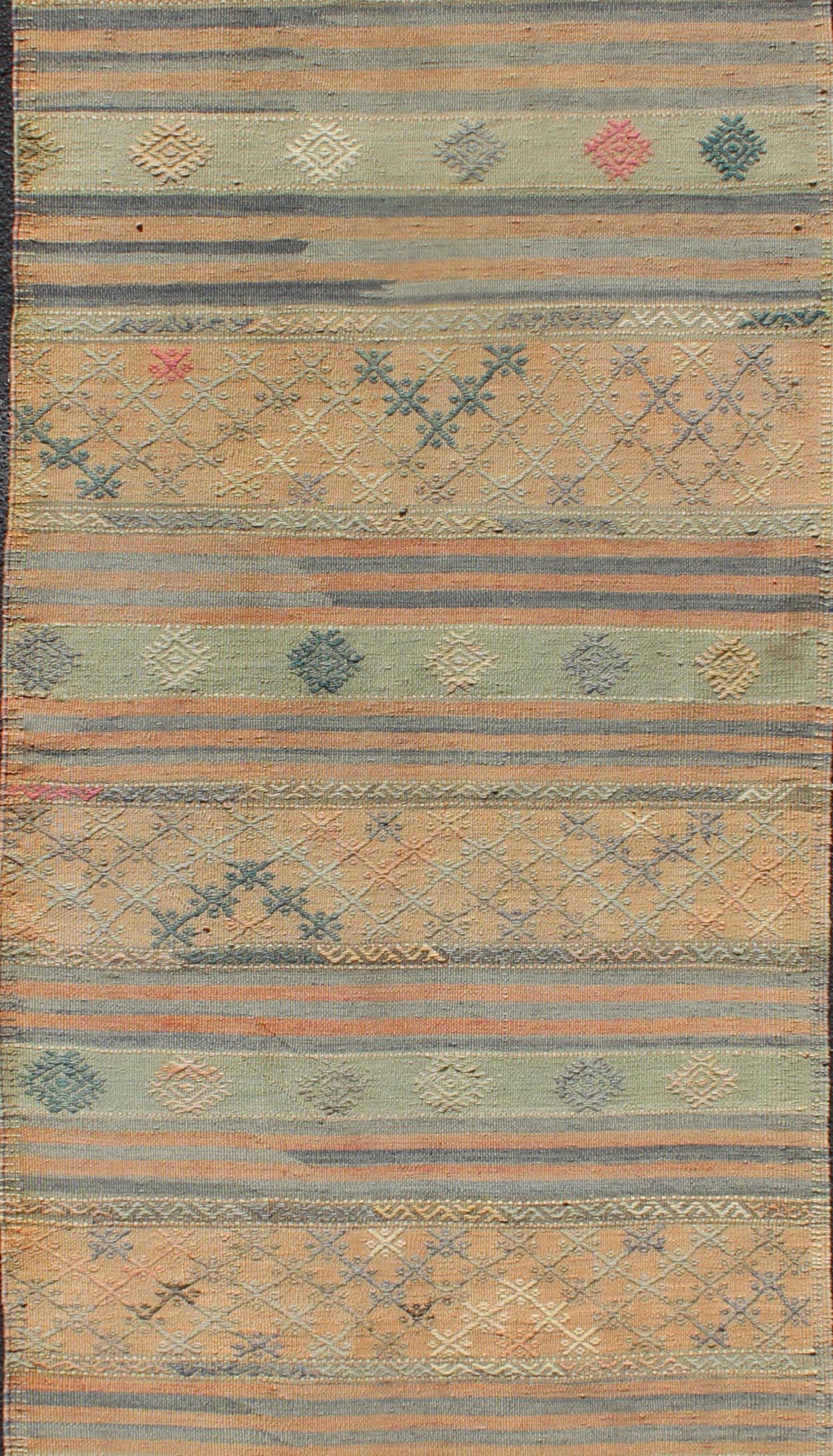 Vintage Turkish Kilim Runner with Geometric Design and Colorful Stripes In Good Condition For Sale In Atlanta, GA