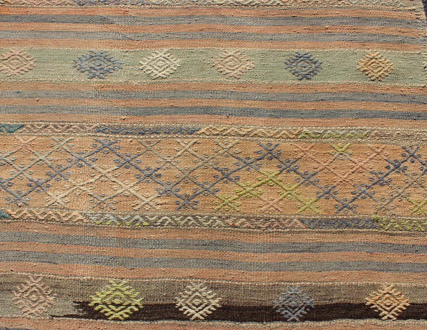 Vintage Turkish Kilim Runner with Geometric Design and Colorful Stripes For Sale 1