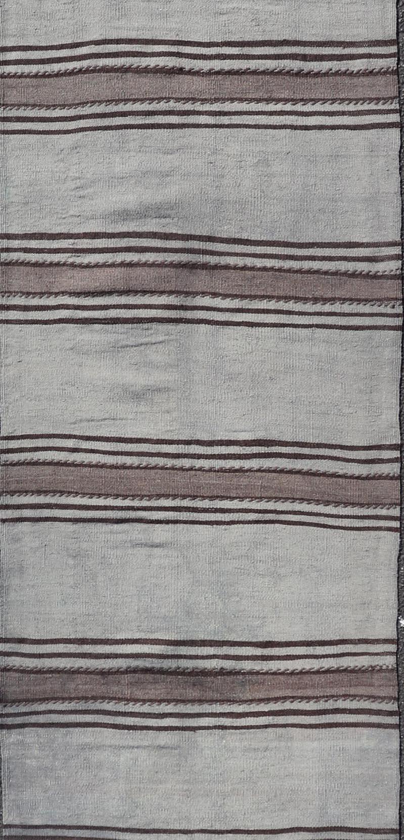 Turco Runner Kilim turco vintage a strisce grigie e marroni 2'5 x 10'5 in vendita