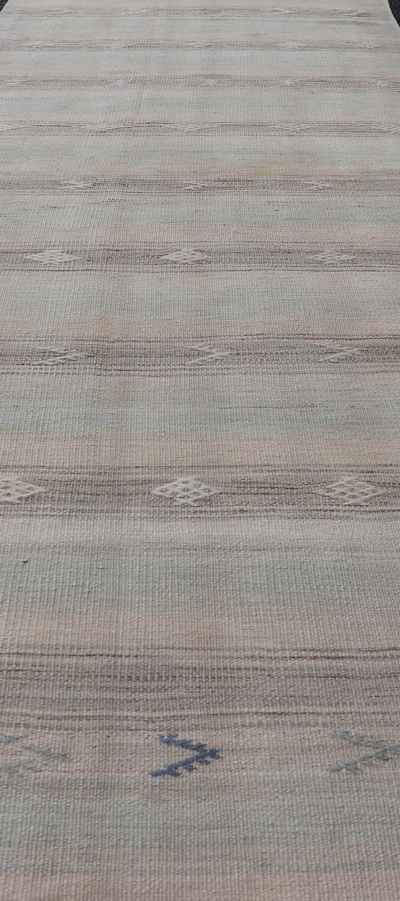 Hand-Woven Vintage Turkish Kilim Runner with Horizontal Stripes and Tribal Motifs For Sale