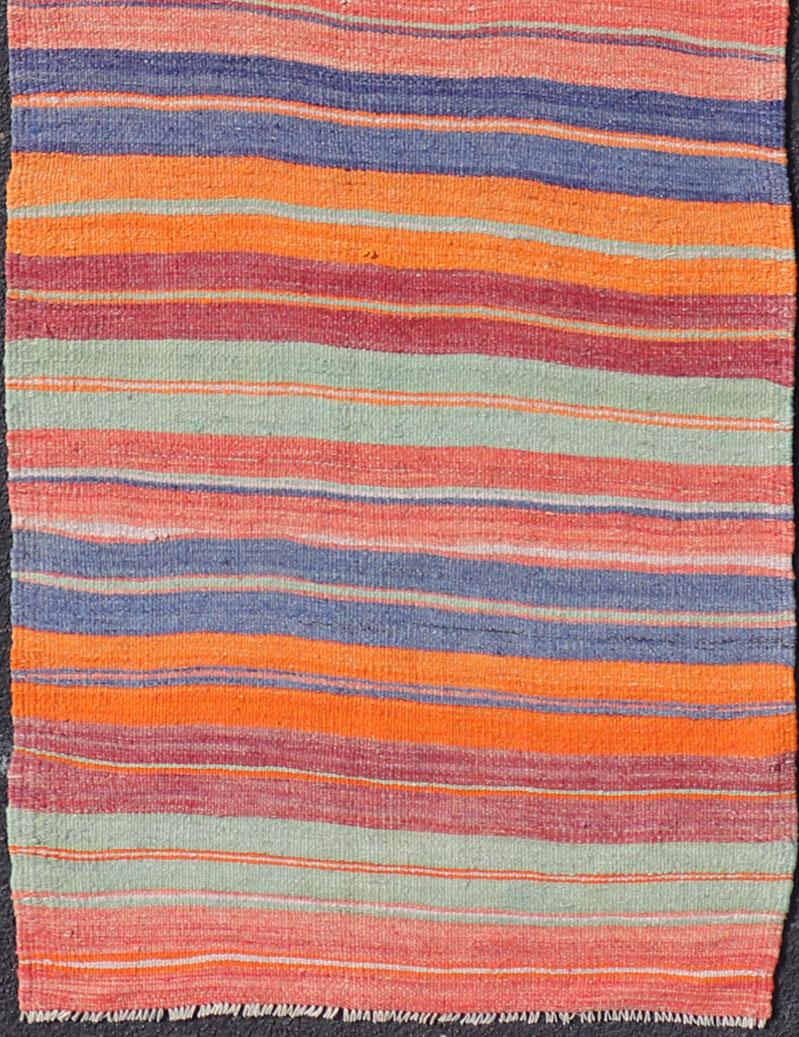 Vintage Kilim rug with horizontal stripes in beautiful colors, Keivan woven Arts rug EN-178613, country of origin / type: Turkey / Kilim, circa mid-20th century.

Measures: 2'10 x 11'8.