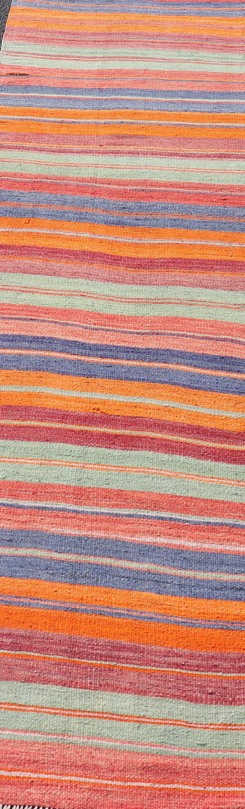 Hand-Woven Vintage Turkish Kilim Runner with Horizontal Stripes in Beautiful Colors For Sale