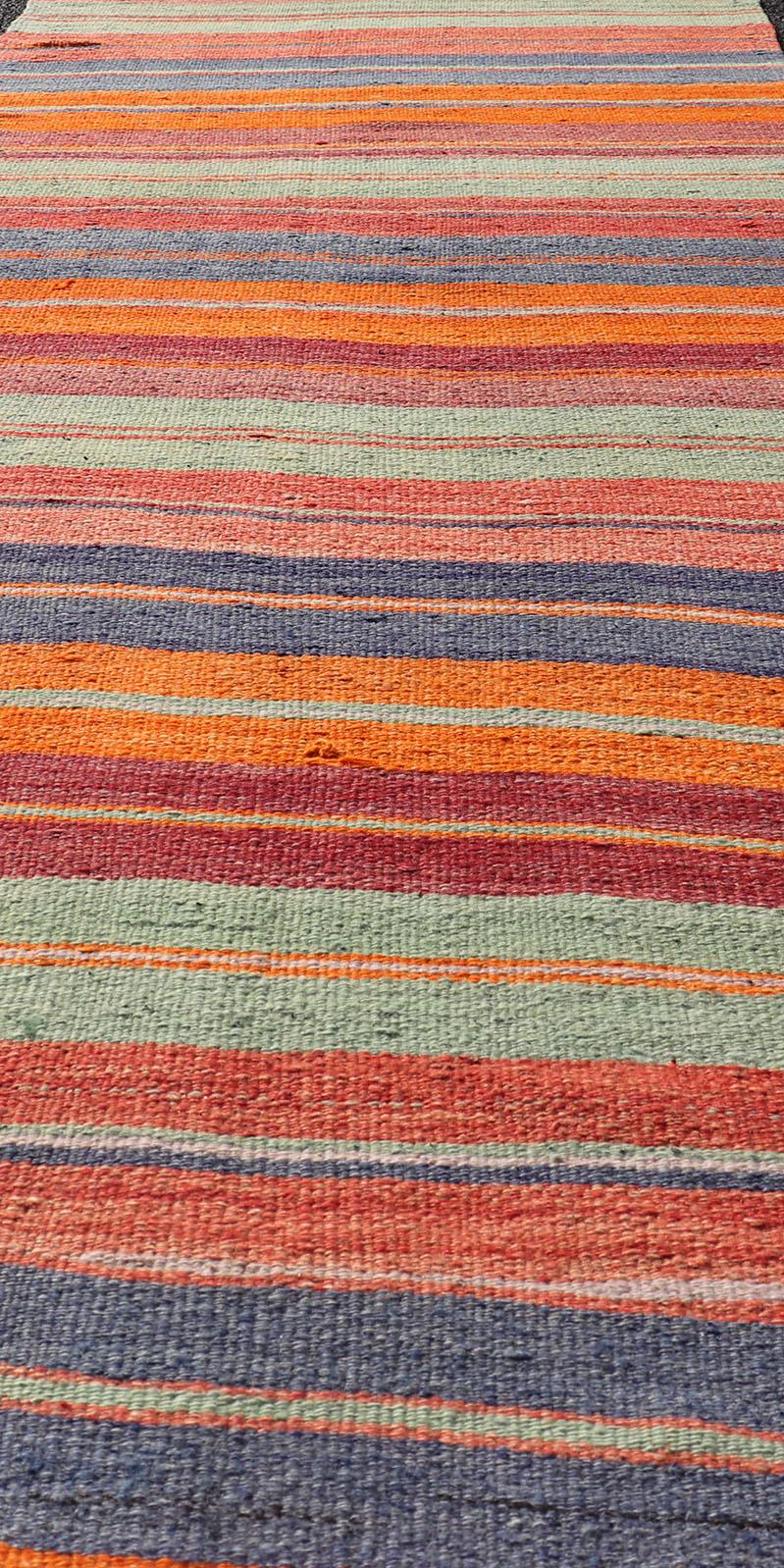 Vintage Turkish Kilim Runner with Horizontal Stripes in Beautiful Colors In Excellent Condition For Sale In Atlanta, GA