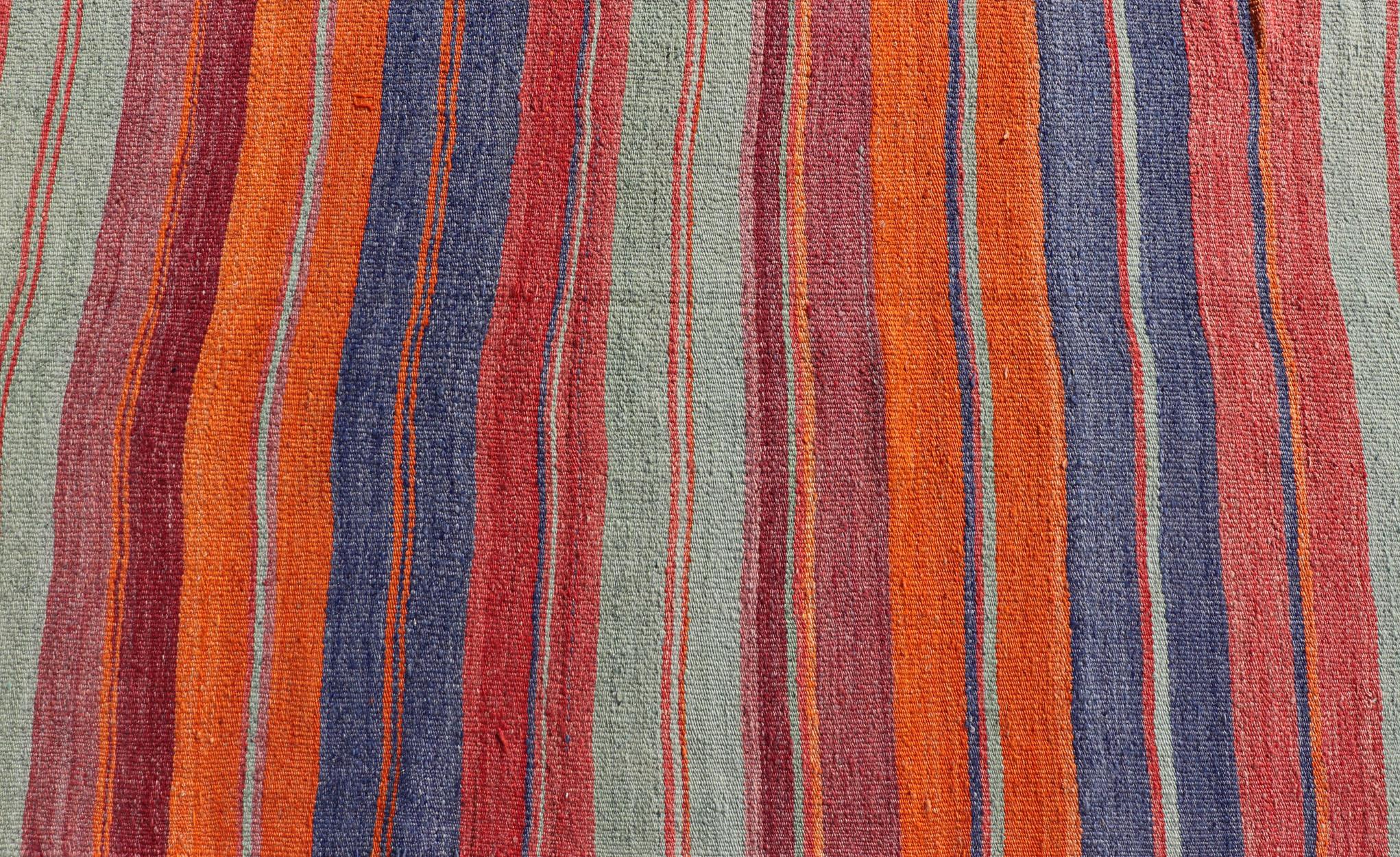 20th Century Vintage Turkish Kilim Runner with Horizontal Stripes in Beautiful Colors For Sale