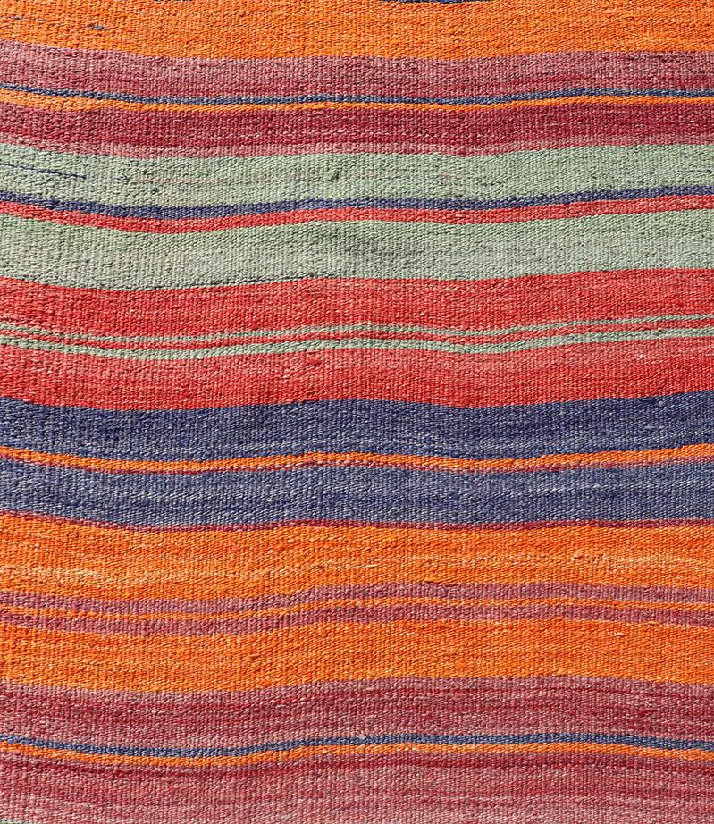 Wool Vintage Turkish Kilim Runner with Horizontal Stripes in Beautiful Colors For Sale
