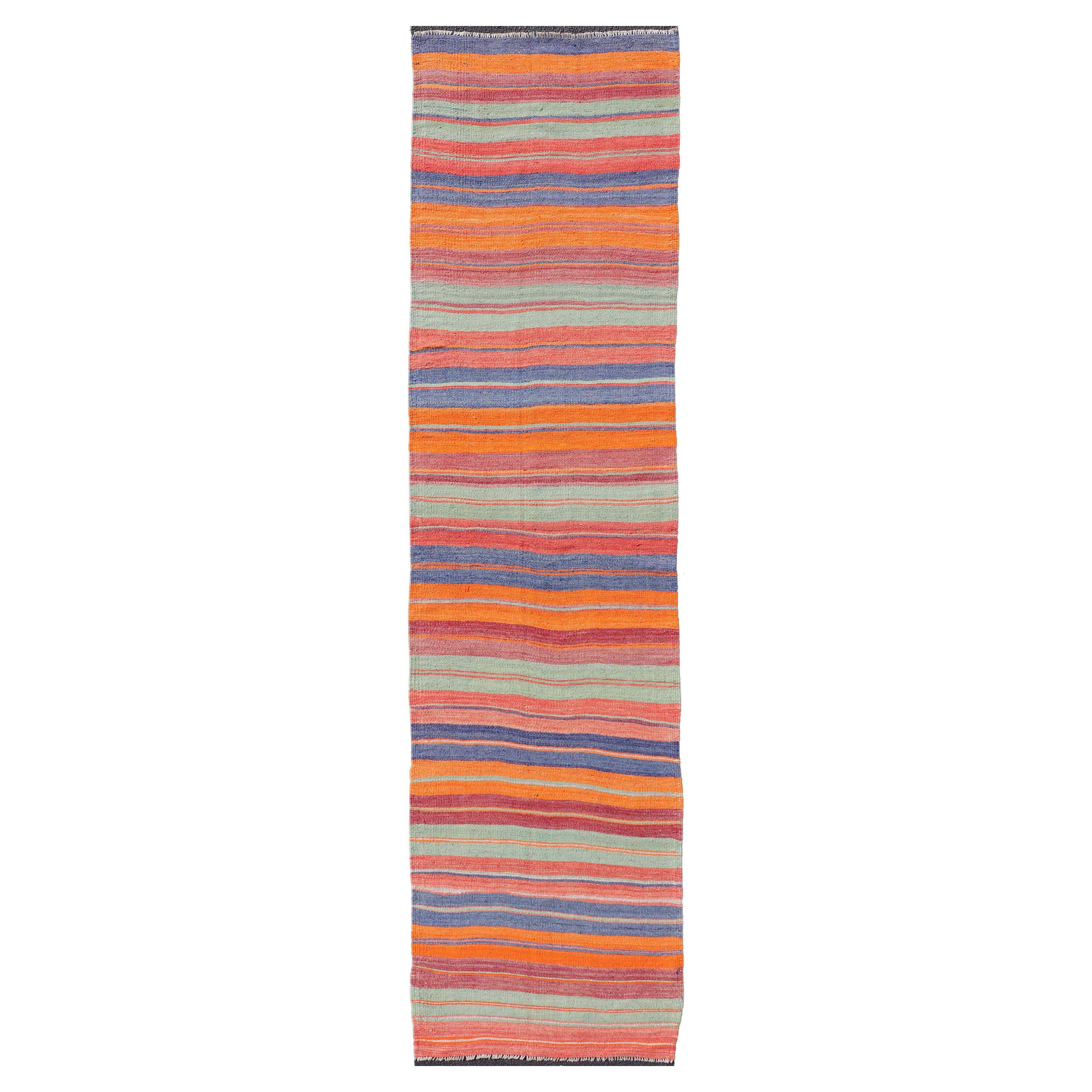 Vintage Turkish Kilim Runner with Horizontal Stripes in Beautiful Colors