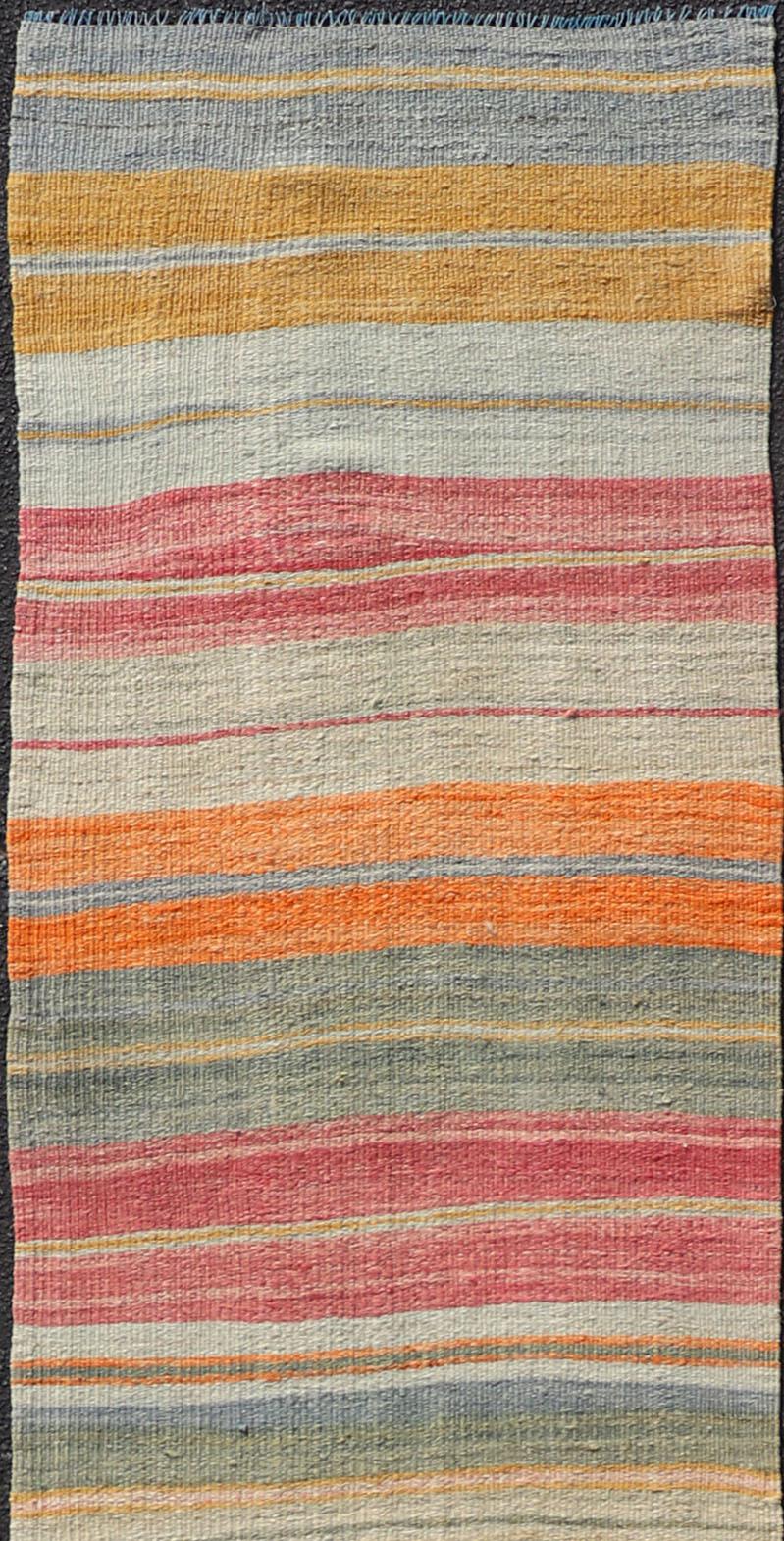 Hand-Woven Vintage Turkish Kilim Runner with Horizontal Stripes in Bright Color Tones For Sale